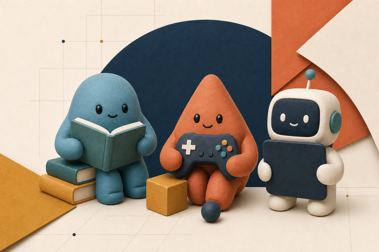 Three friendly characters representing learning, games, and software
